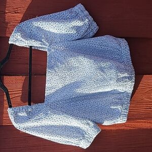 Everlane Puff Sleeve Square Neck Blue & White Eyelet Crop Top Size Small